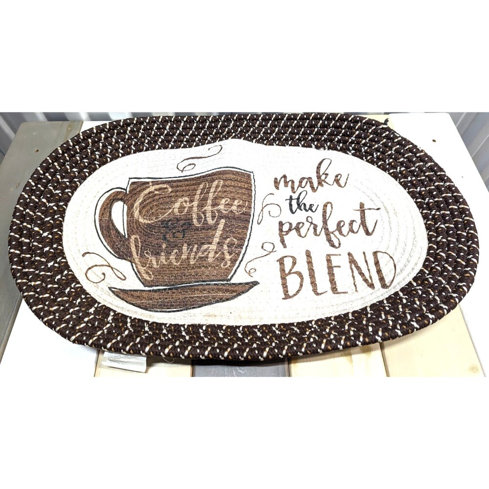 Coffee Floor Mat Rug Oval Braided Cream Friends Make Perfect Blend Cup 26"x17"